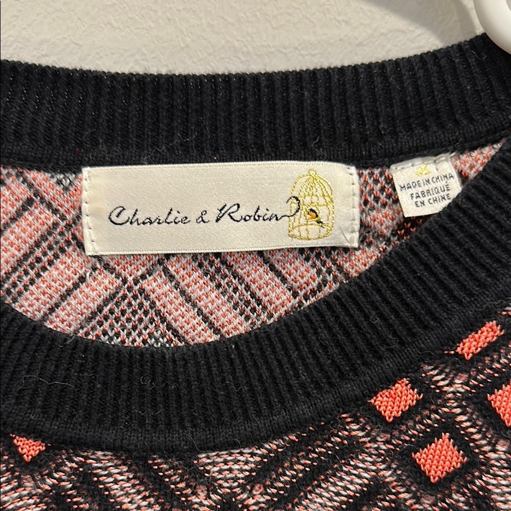 Anthropologie Charlie & Robin Geometric Crew Neck Sweater Black Red Large - Picture 6 of 13